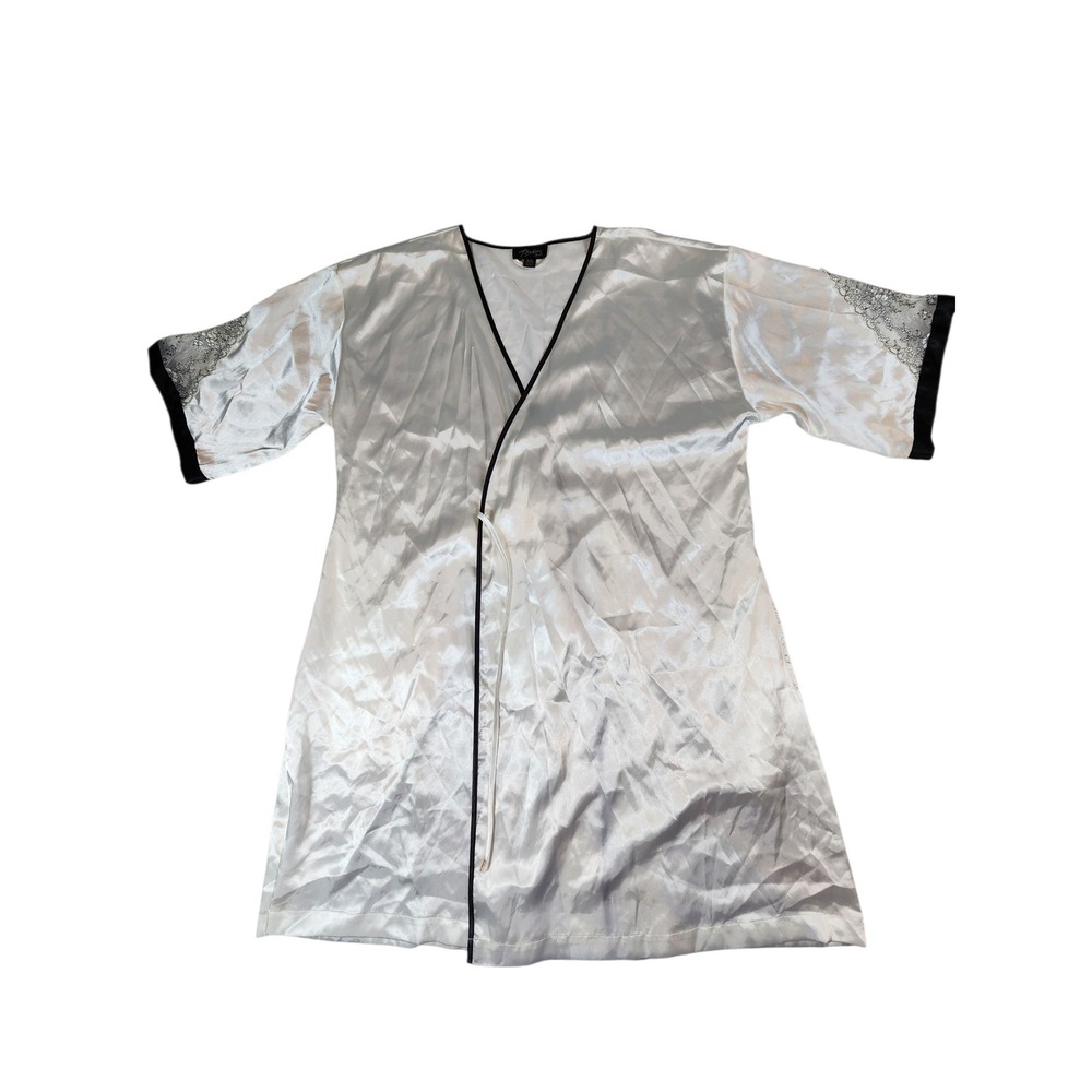 Thalia Sodi Satin Robe Women S/M White Black Lace Trim Short Kimono Loungewear